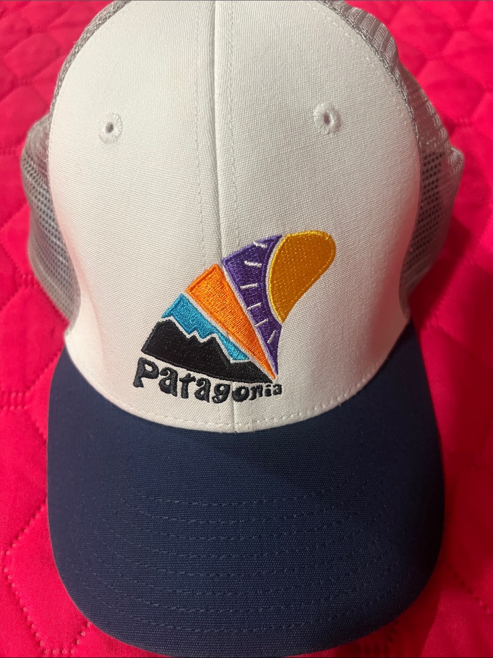 Patagonia Unisex White and Navy Trucker Hat with Multicolor Mountain Logo